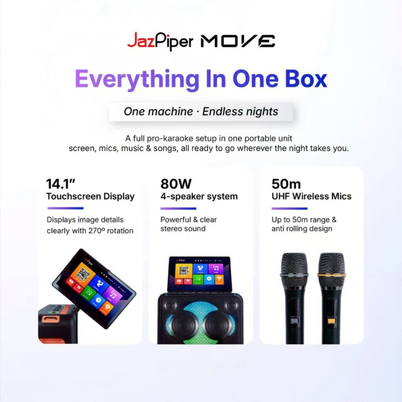 Jazpiper Move Protable Karaoke Speaker with 14.1 inch Touchscreen Display 80 watts 4 speaker build in 8800mAh Battery