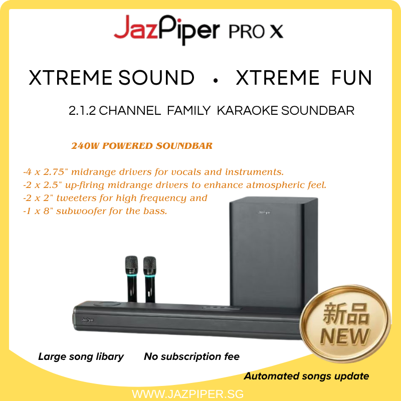 Jazpiper Pro X 2.1.2 Channel Karaoke Soundbar System | 240W All-in-One Home KTV with Wireless Subwoofer & UHF Mics