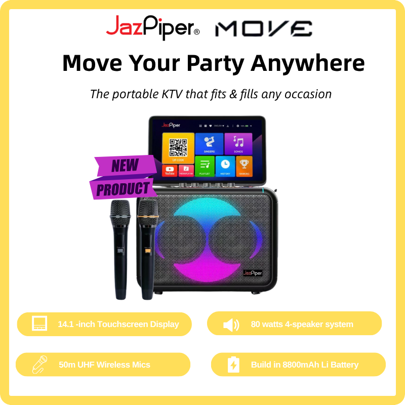 Jazpiper Move Protable Karaoke Speaker with 14.1 inch Touchscreen Display 80 watts 4 speaker build in 8800mAh Battery